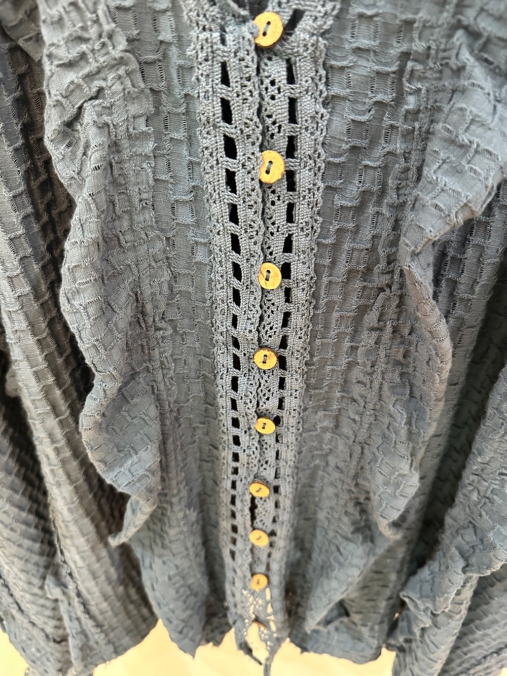 Free People Beach Blue Textured Ruffle Button-Front Top - Picture 11 of 11